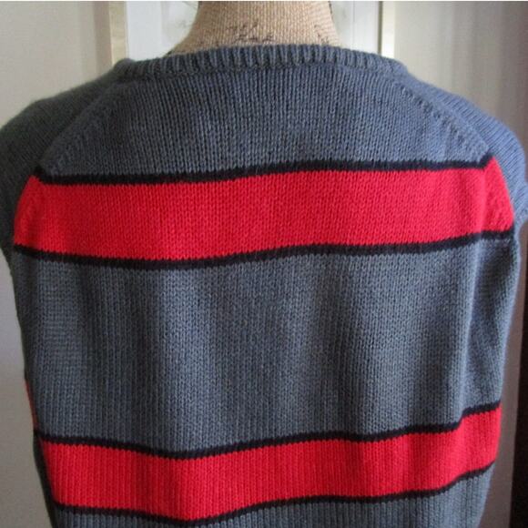 Vintage 80s Gray Red Striped Sweater Vest Men S Retro Prep Academia Unisex Cozy - Picture 6 of 17
